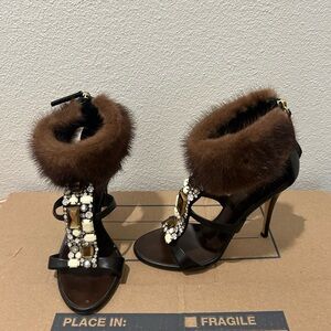 Black leather gem stones fur cuffed Giuseppe Zanotti heel. Size 38.